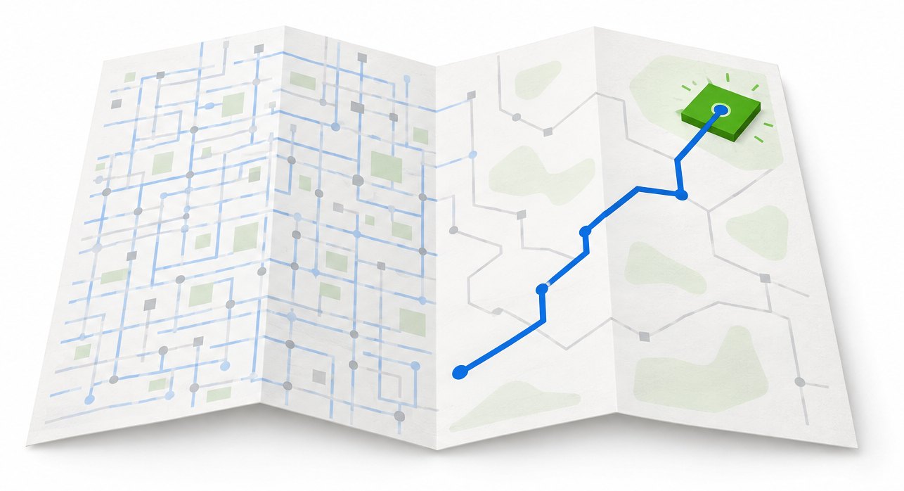 A folded map contrasts many pale routes with one cobalt path leading to a raised green destination.