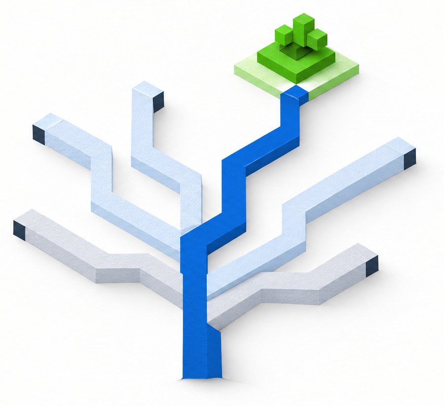 Branching paper paths end at deliberate stopping points while one blue route continues toward a green destination.