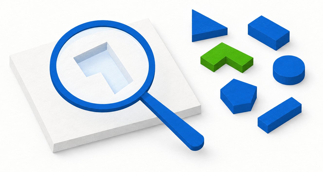 A blue magnifying lens examines a shaped gap beside mismatched blue blocks and one matching green block.