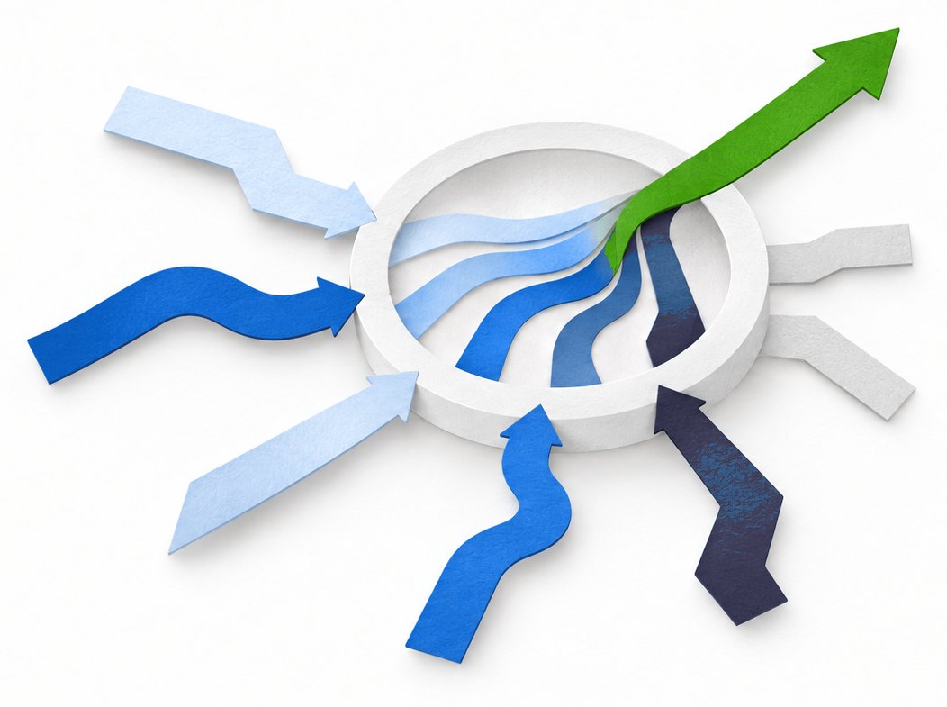 Distinct blue paths enter a white deliberation ring, with one green arrow continuing and pale unchosen routes ending.