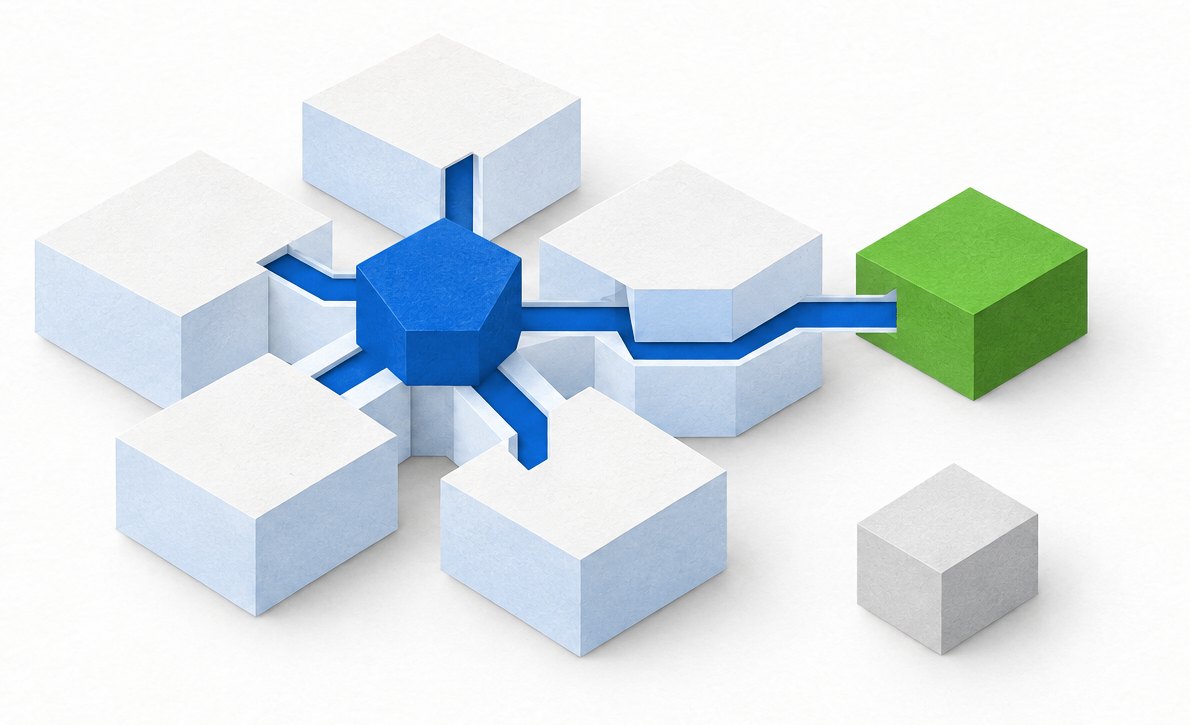 White operating modules connect through a cobalt keystone to a green output, while a pale disconnected block sits apart.