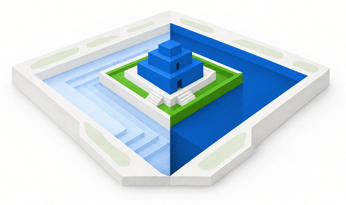 A blue architectural island sits within a split-depth moat, with exposed shallow steps on one side and a deep blue channel on the other.